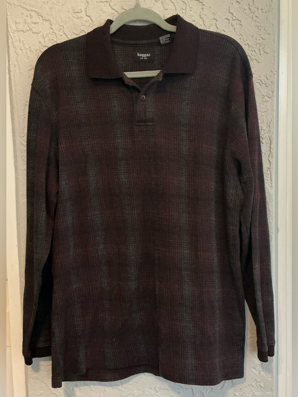 Haggar Long Sleeve Polo in Deep Burgundy and Charcoal